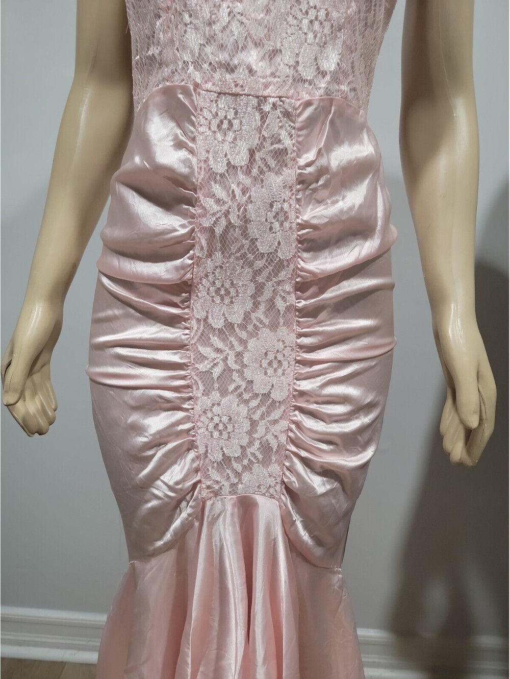 DIAMOND'S RUNS Vtg Ruched Ruffle Satin/lace 9-10 Dress Victorian Pink #04 - Picture 9 of 15